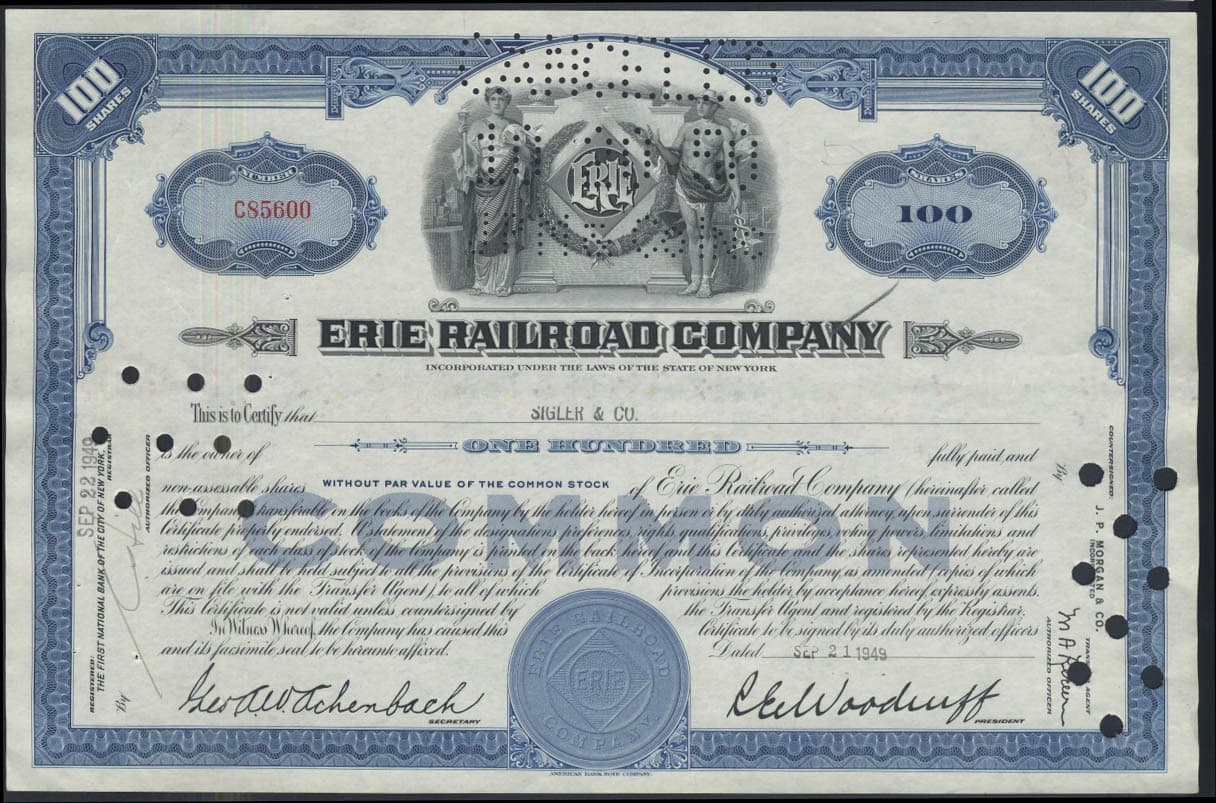 Erie Railroad Company 100-share stock certificate C94648 1950