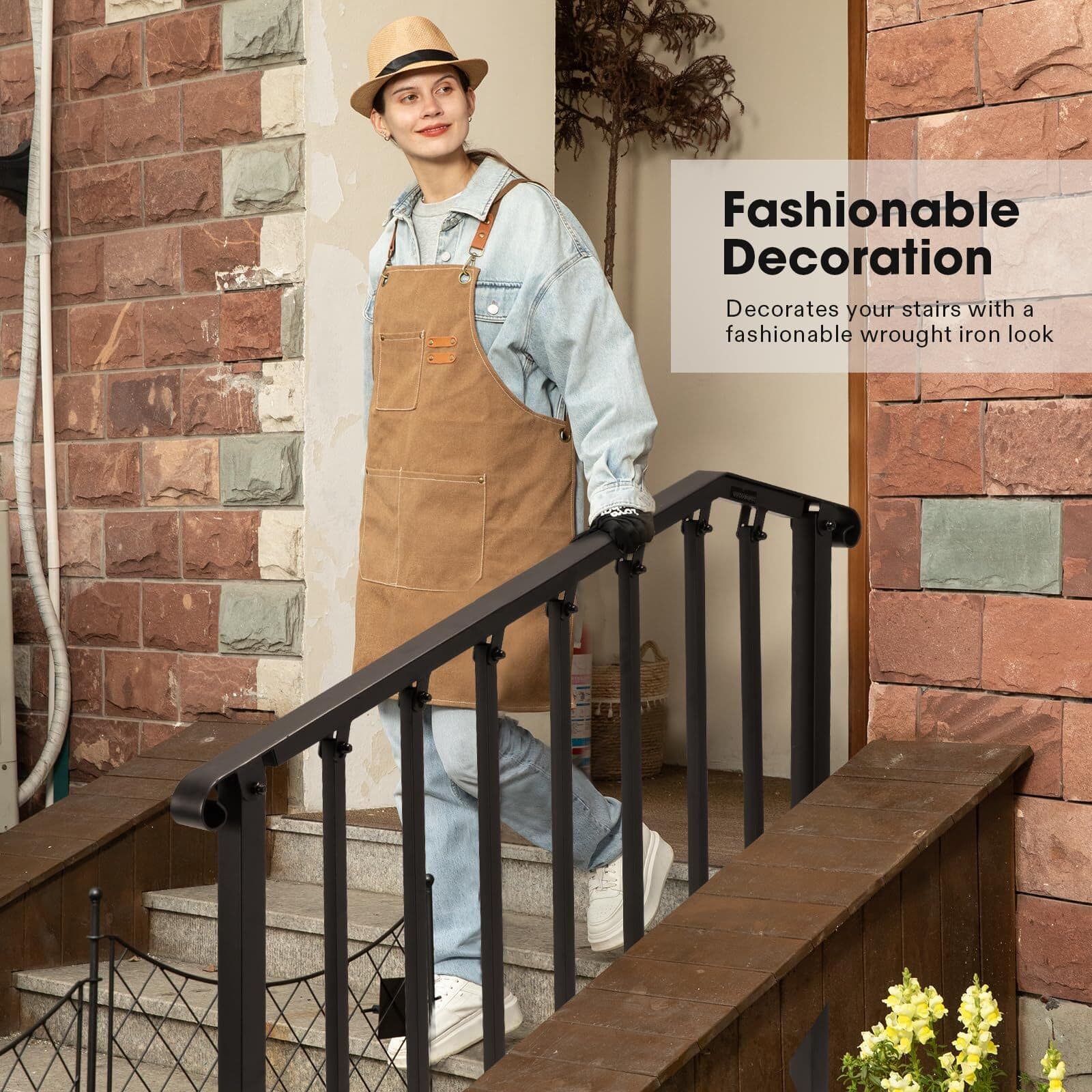 VIVOSUN 2/3/4/5 Steps Wrought Iron Handrail Stair Railing Adjustable Height 5