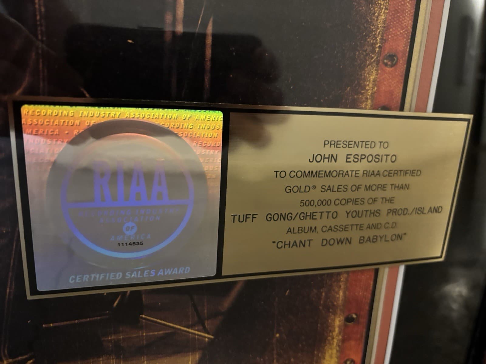 Bob Marley Chant Down Babylon RIAA CERTIFIED GOLD RECORD ALBUM AWARD HUGE 1999 5