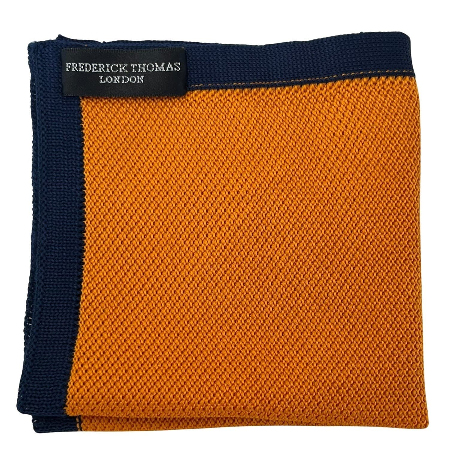 Frederick Thomas orange knitted pocket square with navy dark blue edging