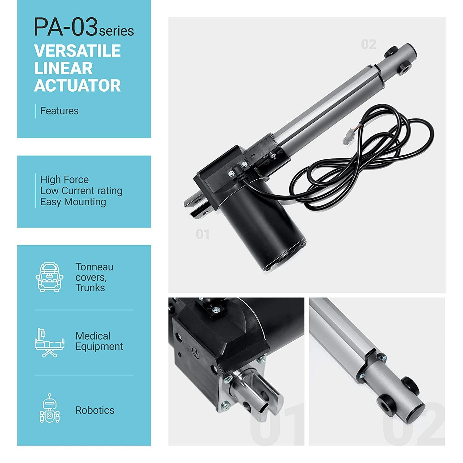 12V Linear Electric Actuator (4"-24" stroke, 200-600 lbs. force) - PA-03 model 2