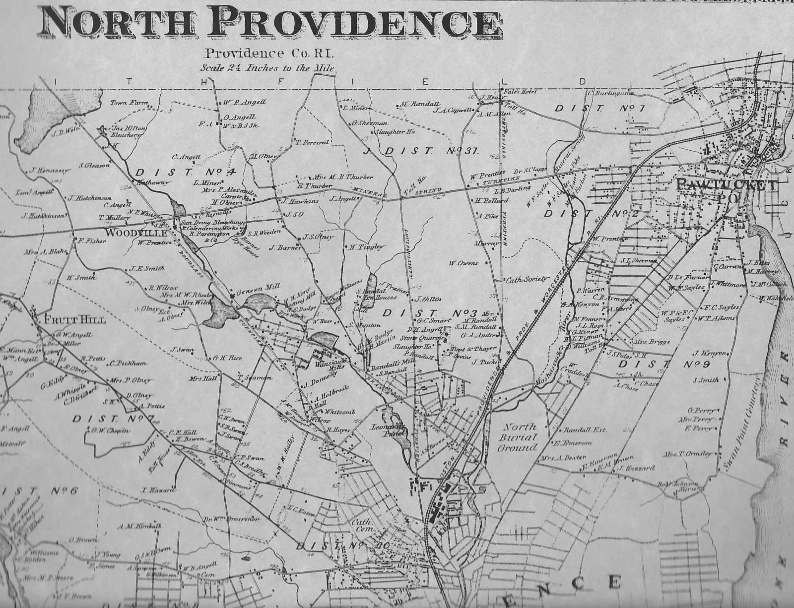 North Providence RI 1870 Maps with Homeowners Names Shown