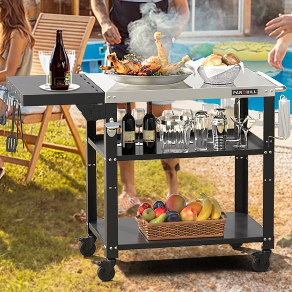 PARGRILL Three-Shelf Outdoor Grill Table 46.6"x 20" 4 Swivel Casters with Brakes 4