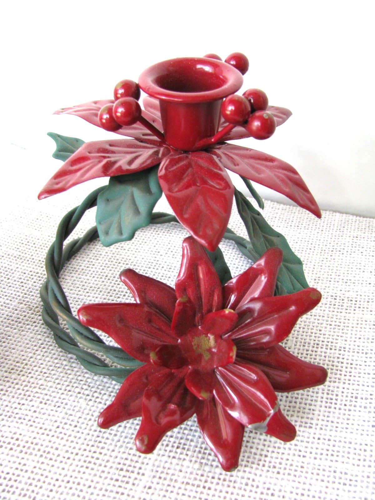 Set of 2 Cranberry Poinsettias Coiled Metal Taper Candle Holders Holly Leaves 3
