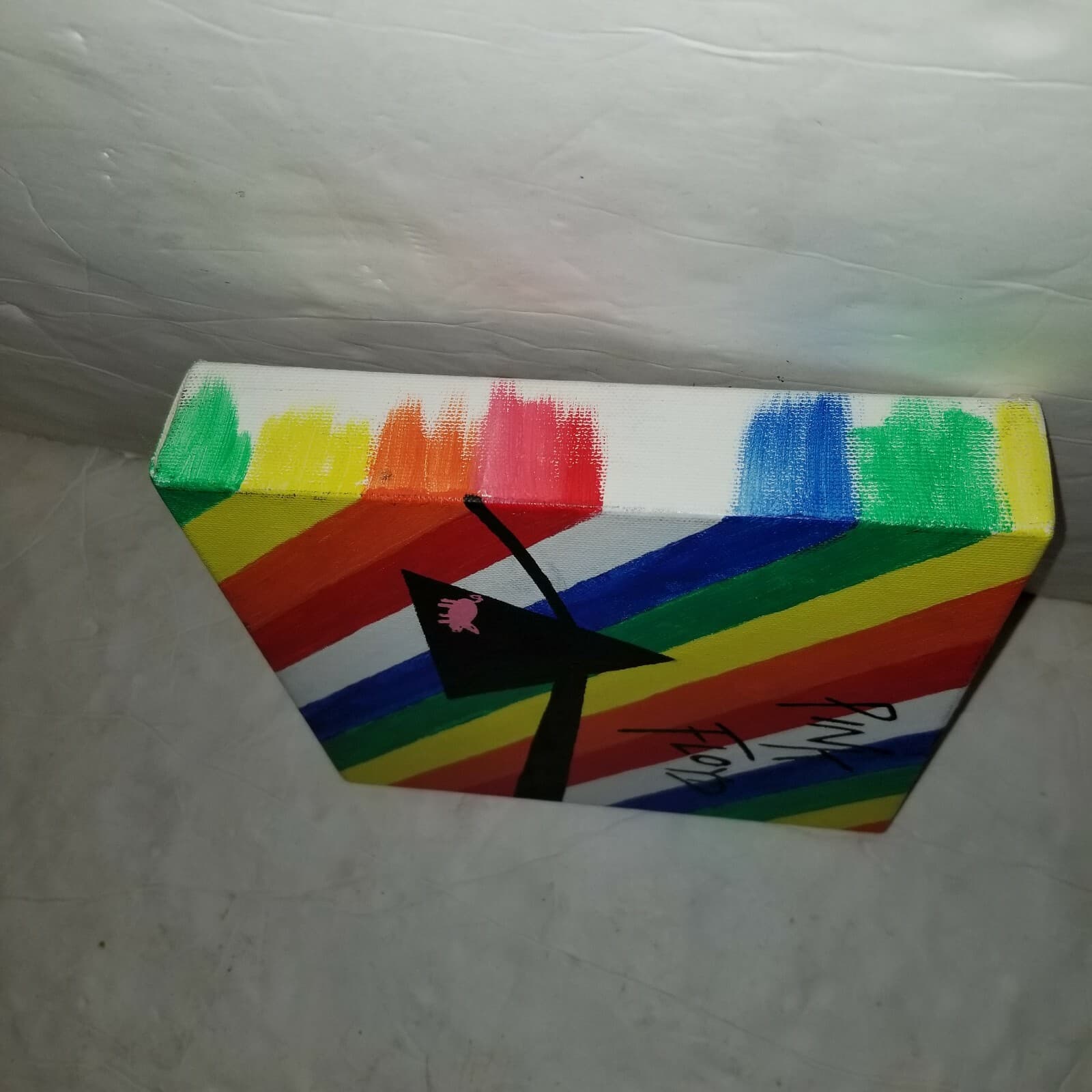Pink Floyd Painting 8" Canvas Watercolor Rainbow Stripes Triangle Unique - EUC 5