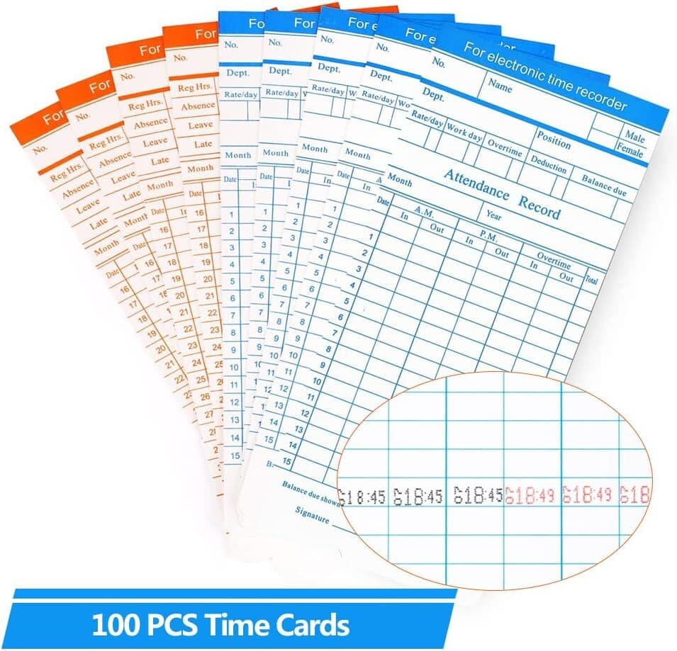 100-Piece Time Cards for Employees, Monthly Time Cards 2-Sided, 2-Color Timecard 5