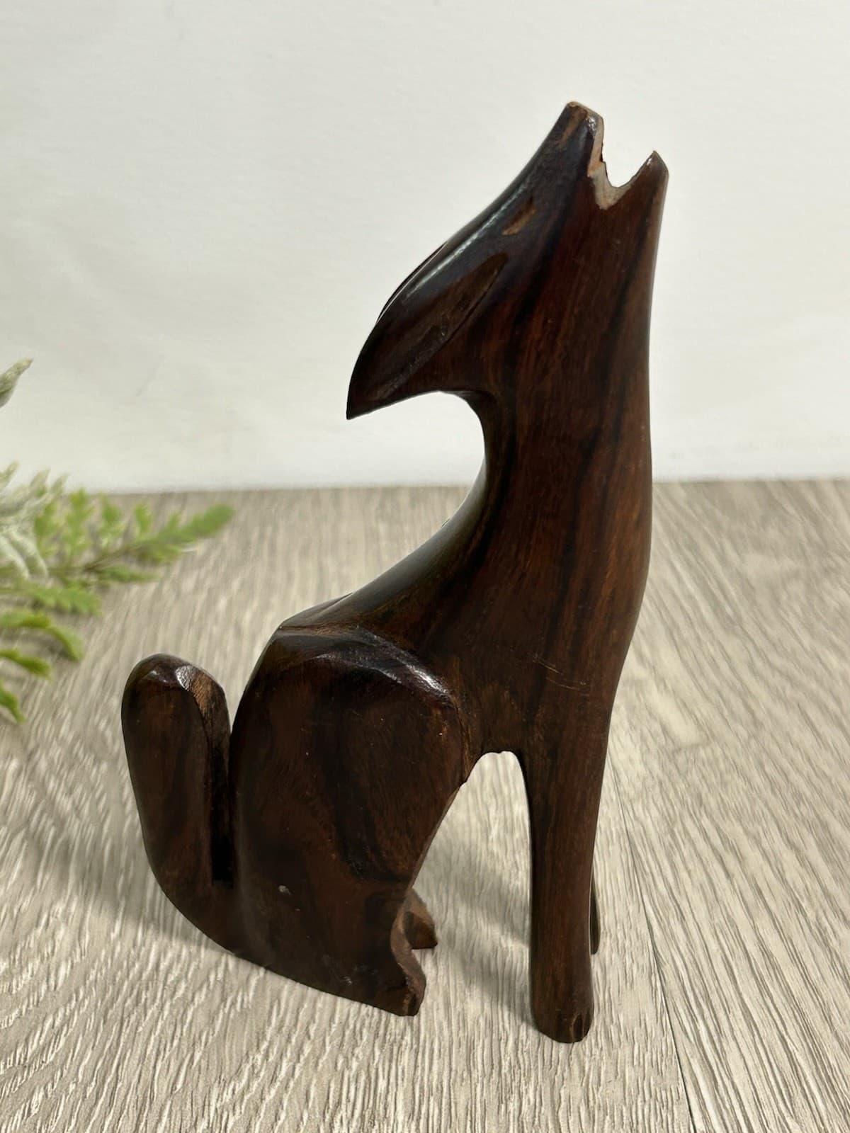 Vintage MCM Hand Carved Mahogany Wooden Howling Wolf Figurine