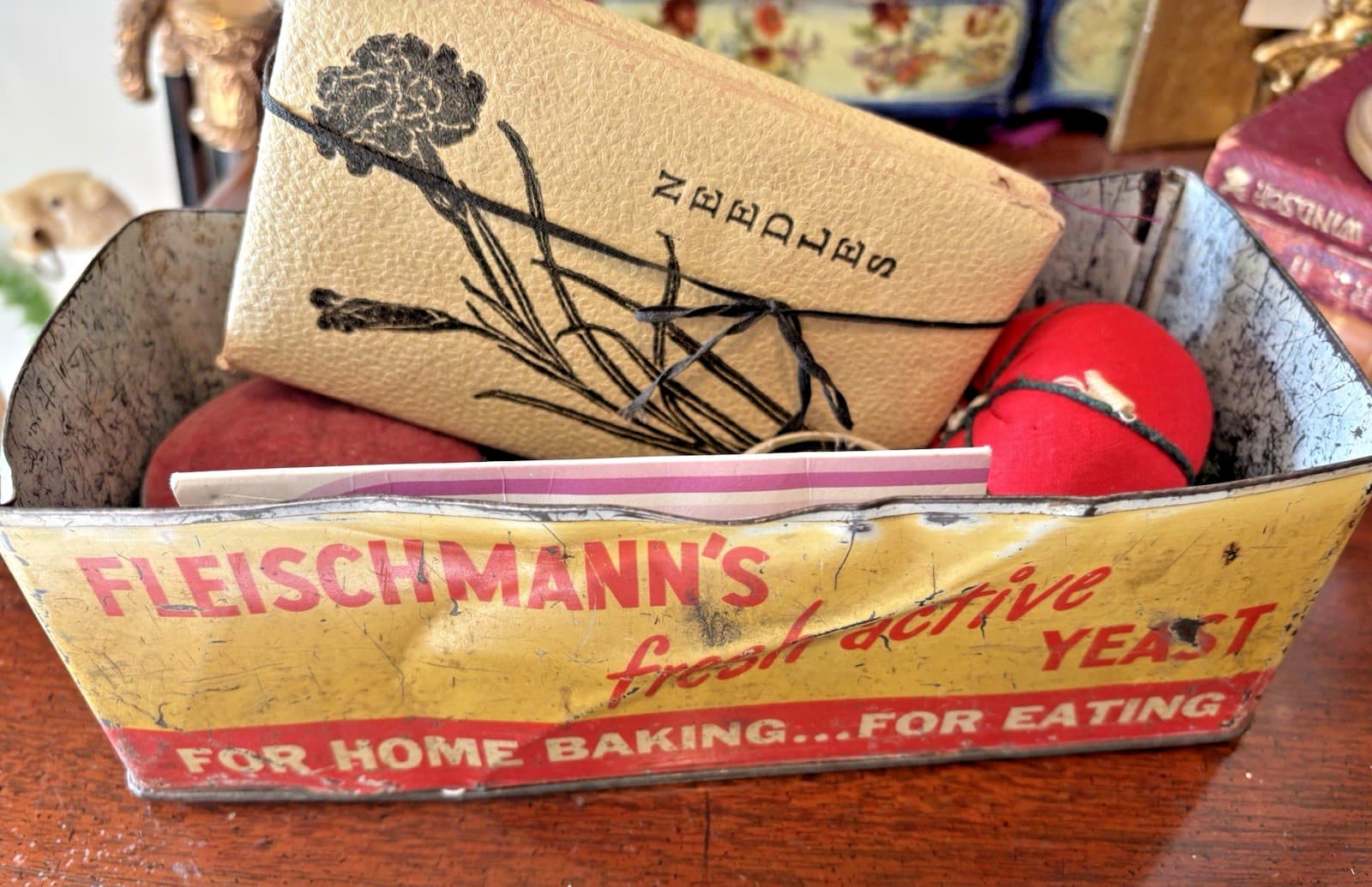 ANT TIN YEAST CONTAINER + 6 NOITIONS: ANTIQUE PIN CUSHIONS, FOLD OUT NEEDLE PACK 2