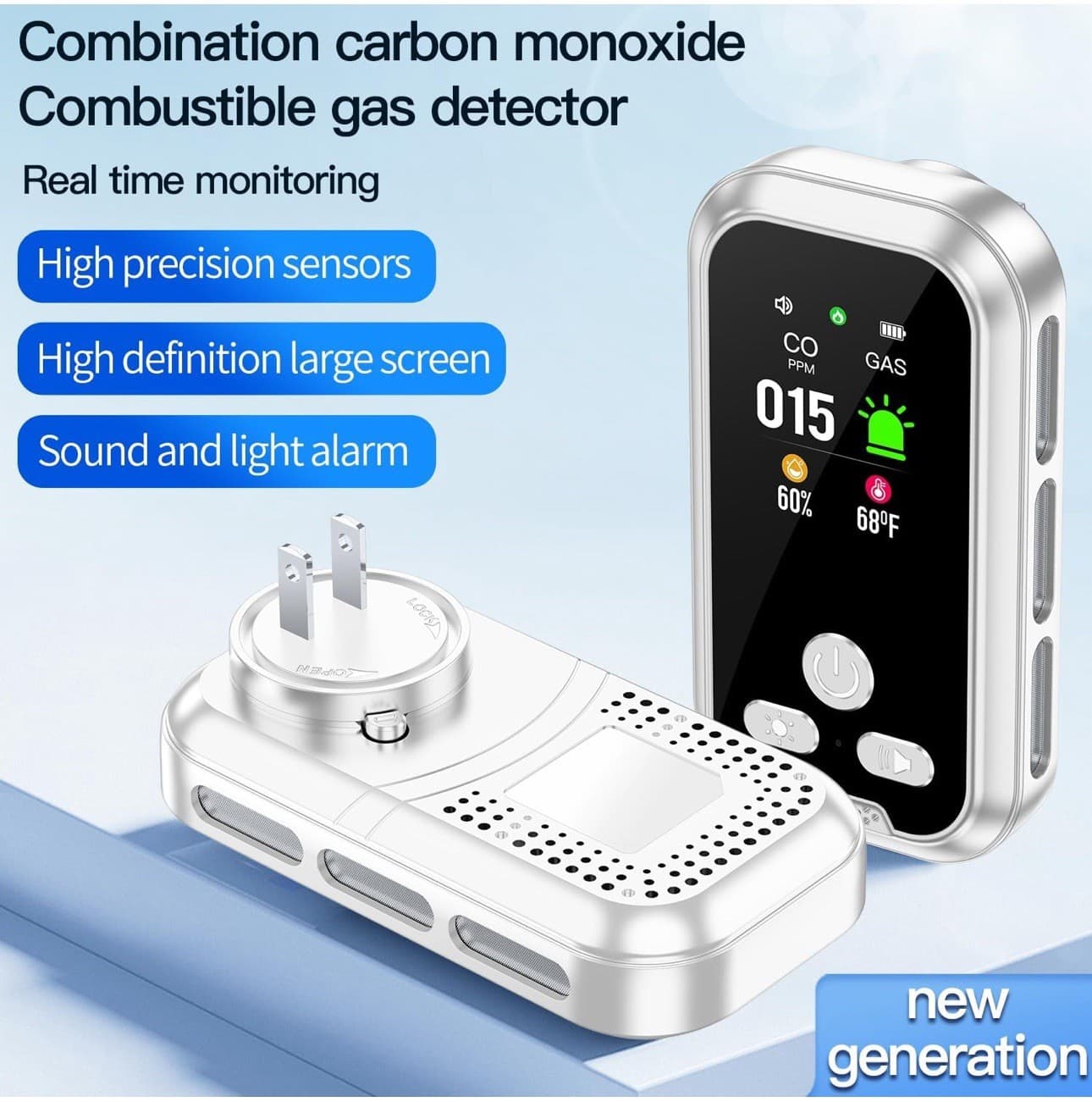 2pcs 4 in 1 Smoke Carbon Monoxide Detector Plug in AC Battery Backup HD Screen 3