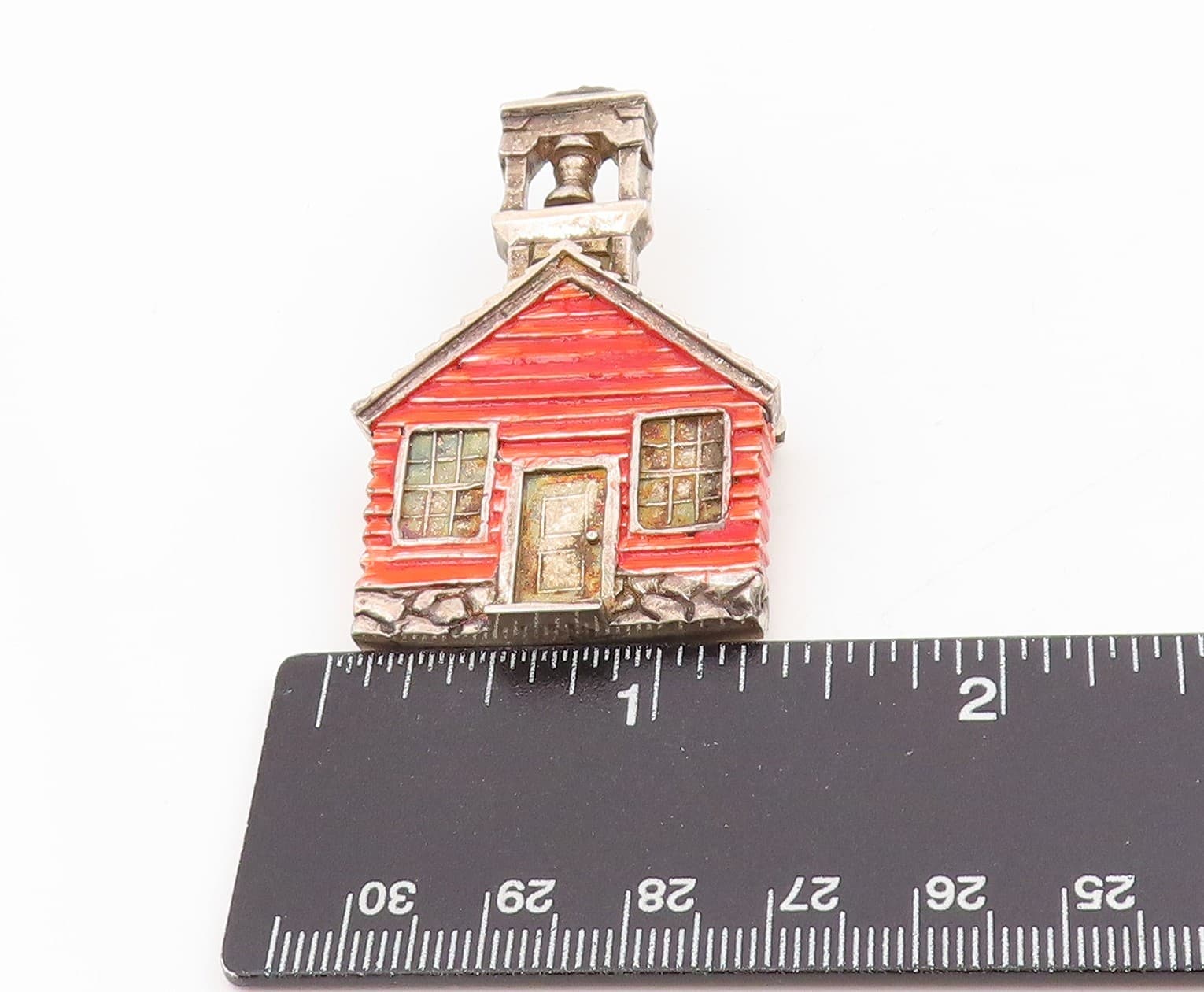 925 Sterling Silver Vintage Brooch Red Enameled Schoolhouse With Bell  BP12046 6