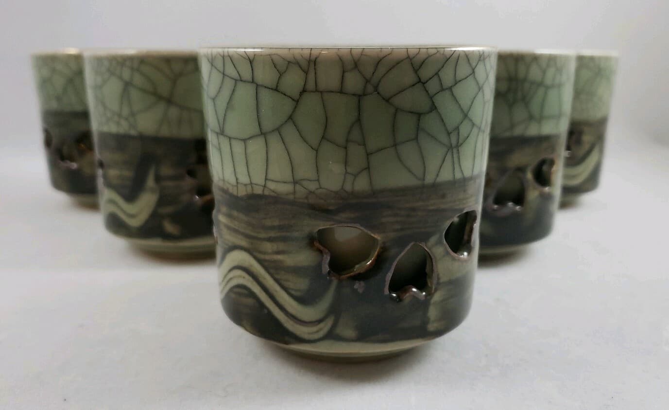 Somayaki Somaware Celadon Double-Walled Cups Crackle Gold Horse - Set of 6 2