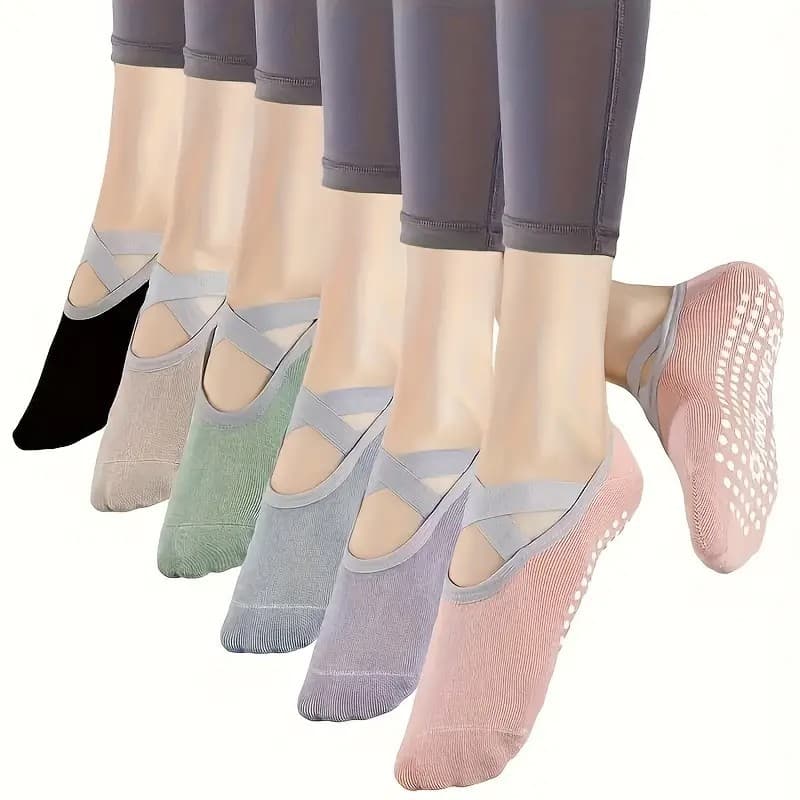 6-Pack Yoga Socks, Grip Socks with Cross Straps for Pilates Ballet Barre 2