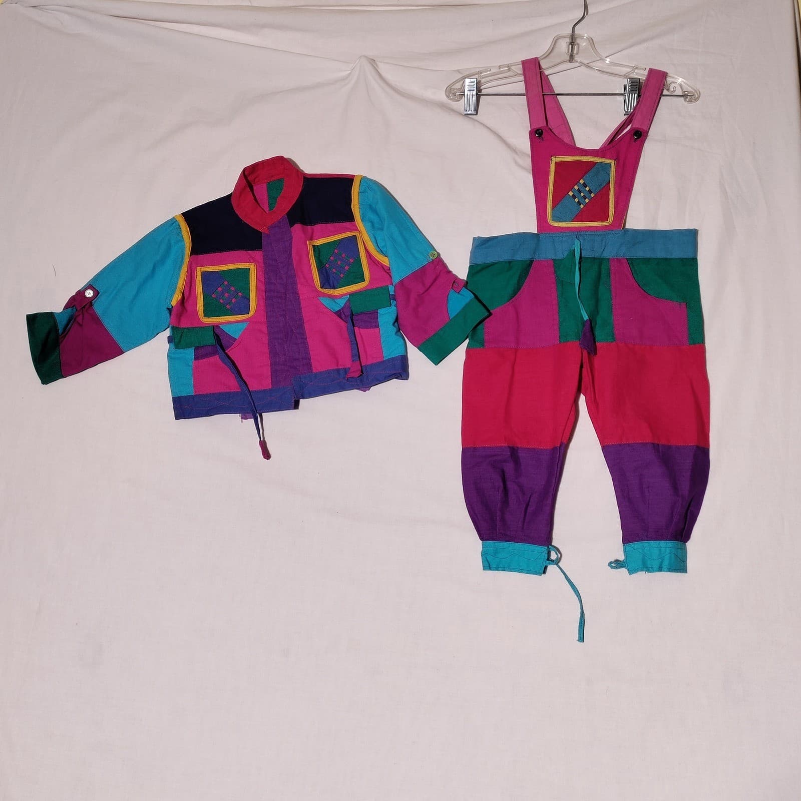 Vintage Kids Patchwork Outfit Set Jacket Overalls Bright Unique See Measurements