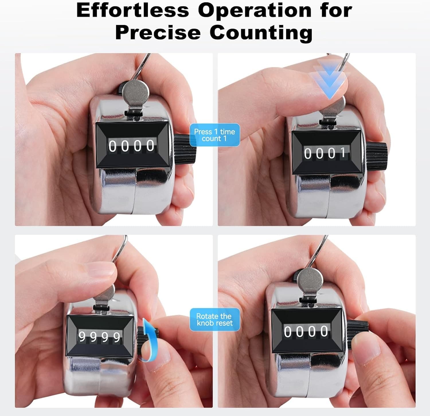 Clicker Counter, Metal Hand Tally Counter with 4 Digit Silver  3