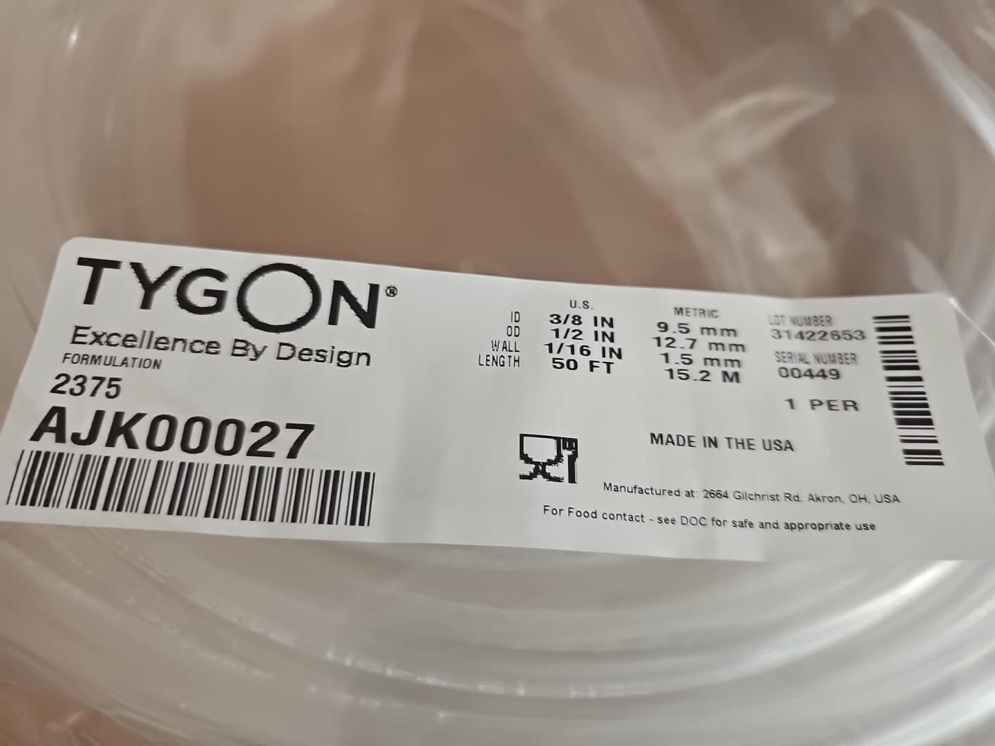 Tygon 2375 Tubing AJK00027 1/2" OD x 3/8" ID x 1/16" Wall x 50 Feet Loc Pc #2D 4