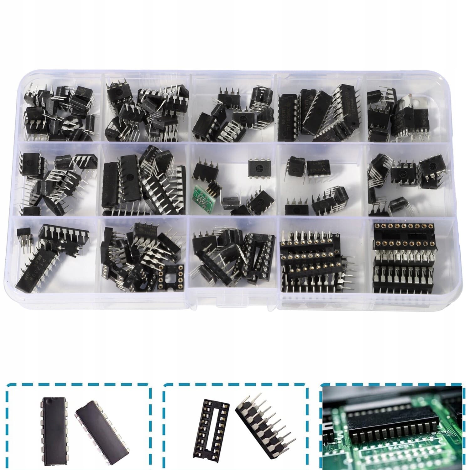 150Pcs IC Chip Assortment opamp, oscillator, pwm,Logic Gate DIP IC Chip Sockets 3