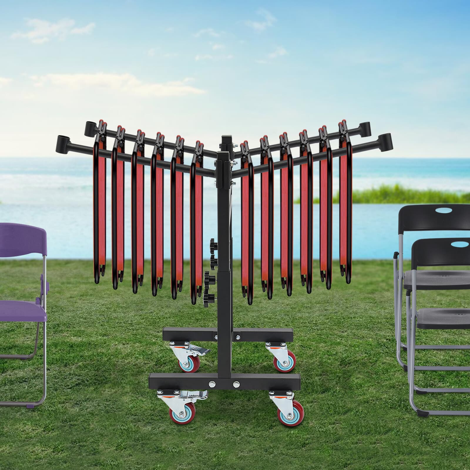 Floor Standing Folding Chair Rack Black Adjustable Folding Chair Storage Rack