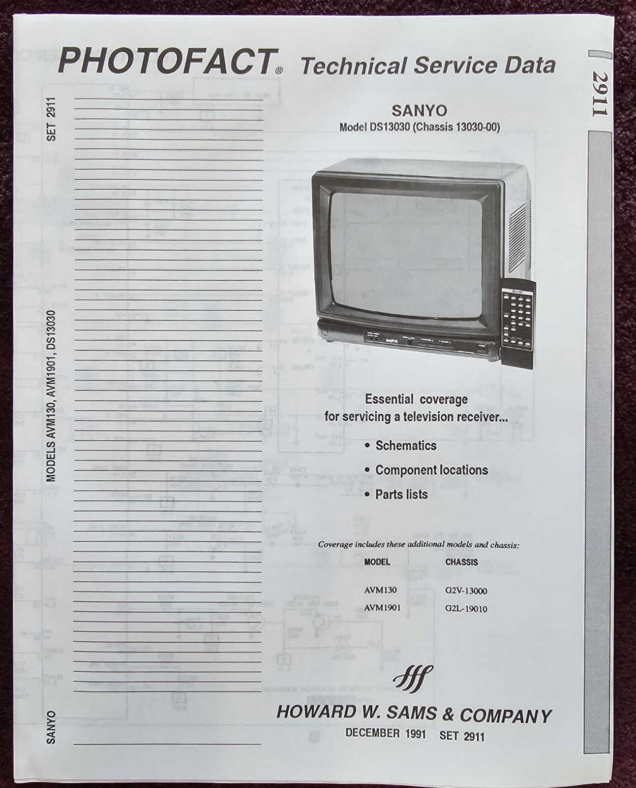 Sams Photofact 2911 Service Manual for Sanyo AVM130, AVM1901, DS13030