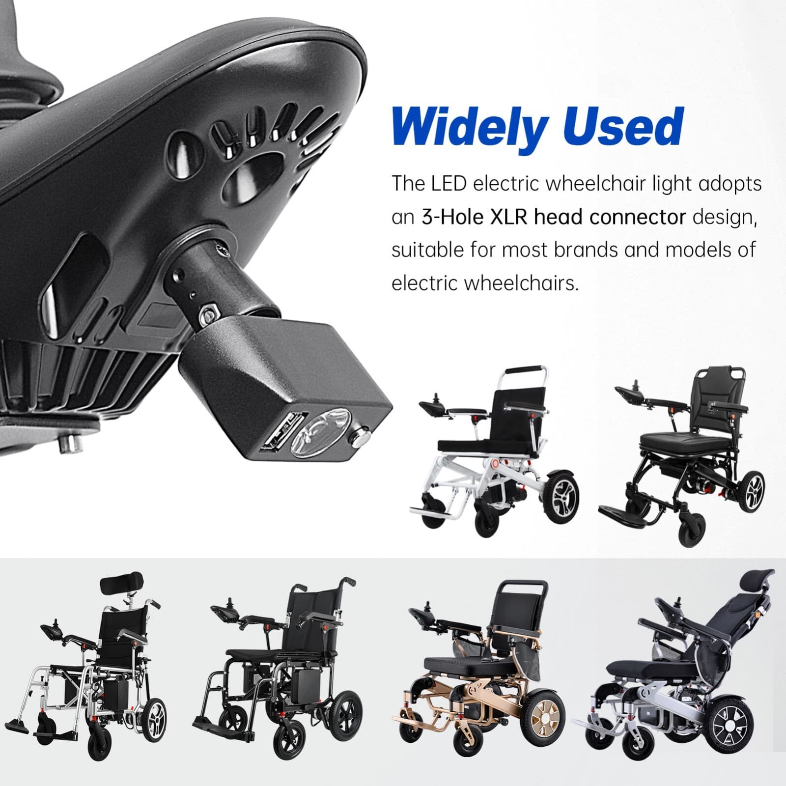 Electric Wheelchair Light 3 Pin XLR Head USB Charging Adjustable Angle LED Power 3