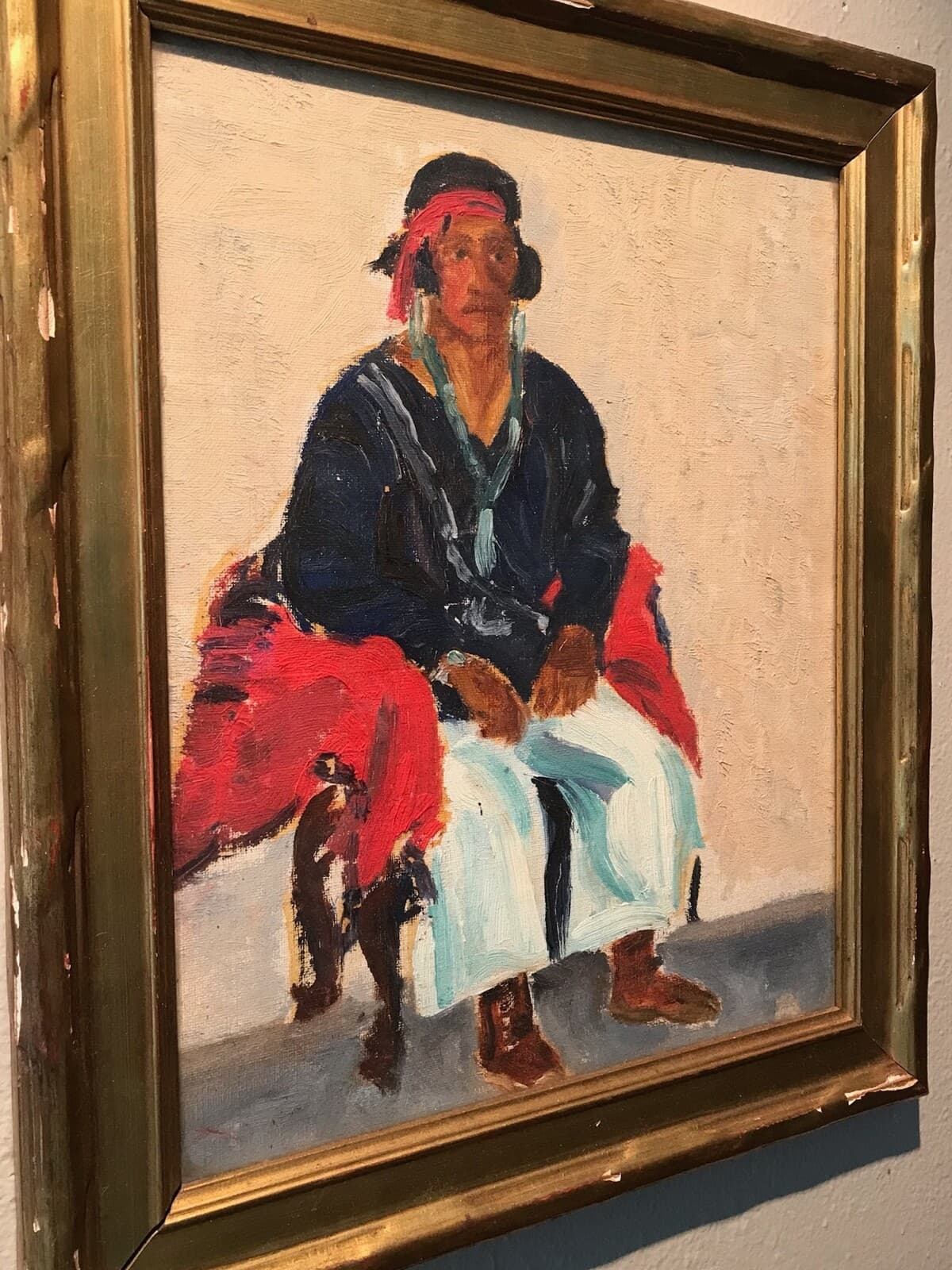 Antique SEATED NAVAJO Impressionist Oil/Board Painting,Gilt Frame,Unsigned,20thC 4