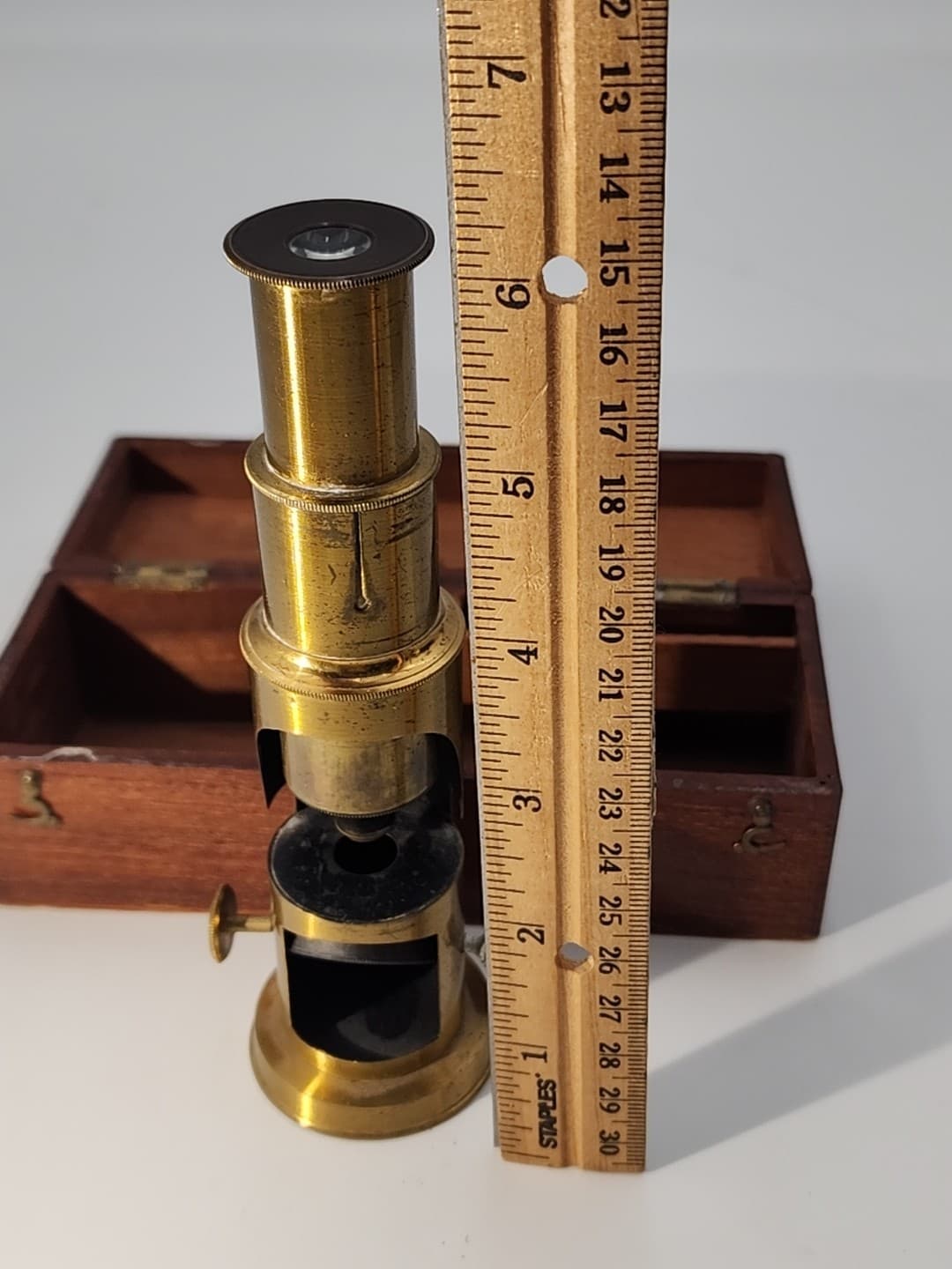 Antique Brass Field Microscope, tweezers and box - unmarked 4