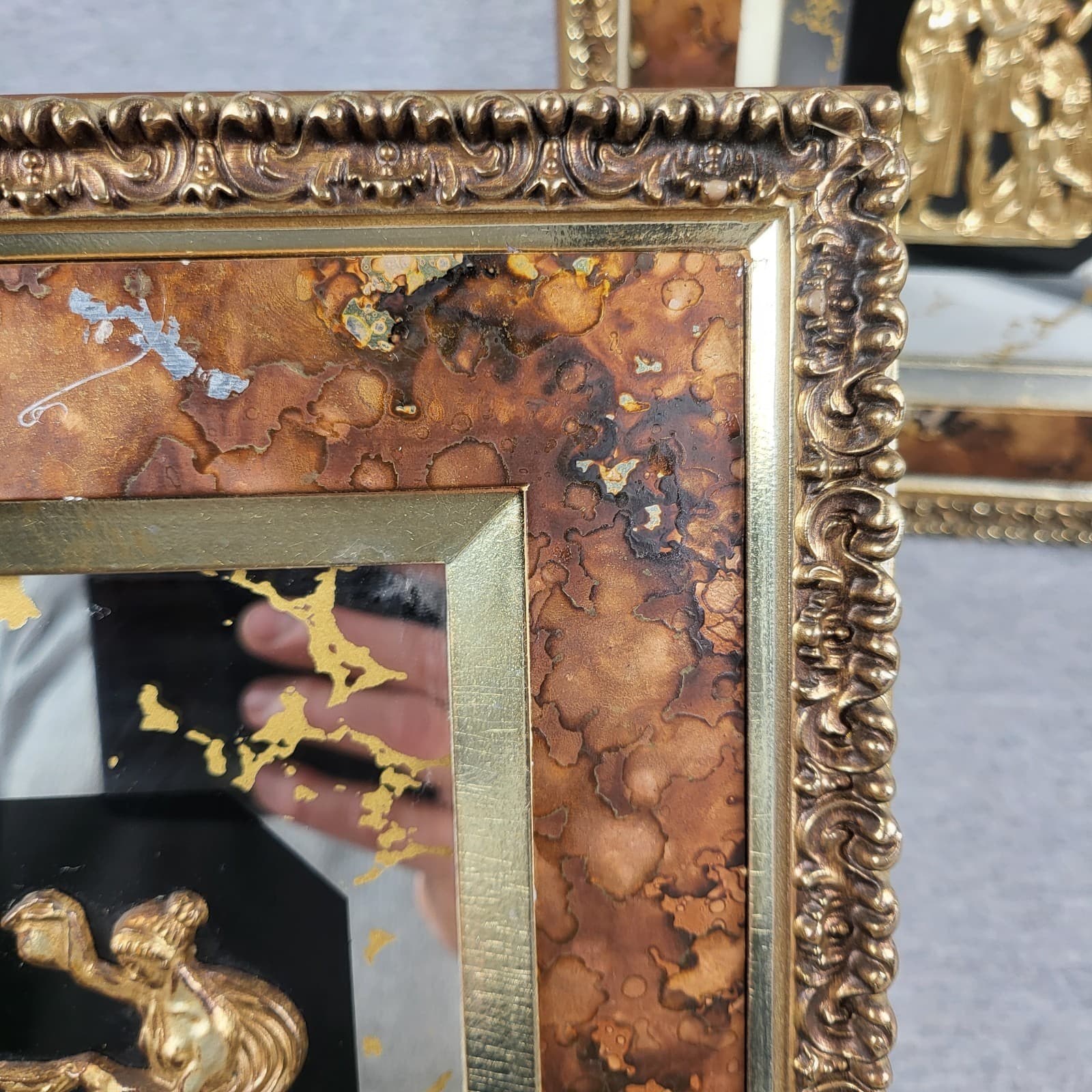 2 MCM Vintage Turner Wall Accessory Relief Plaques Gold Figures Antiqued Mirror  6