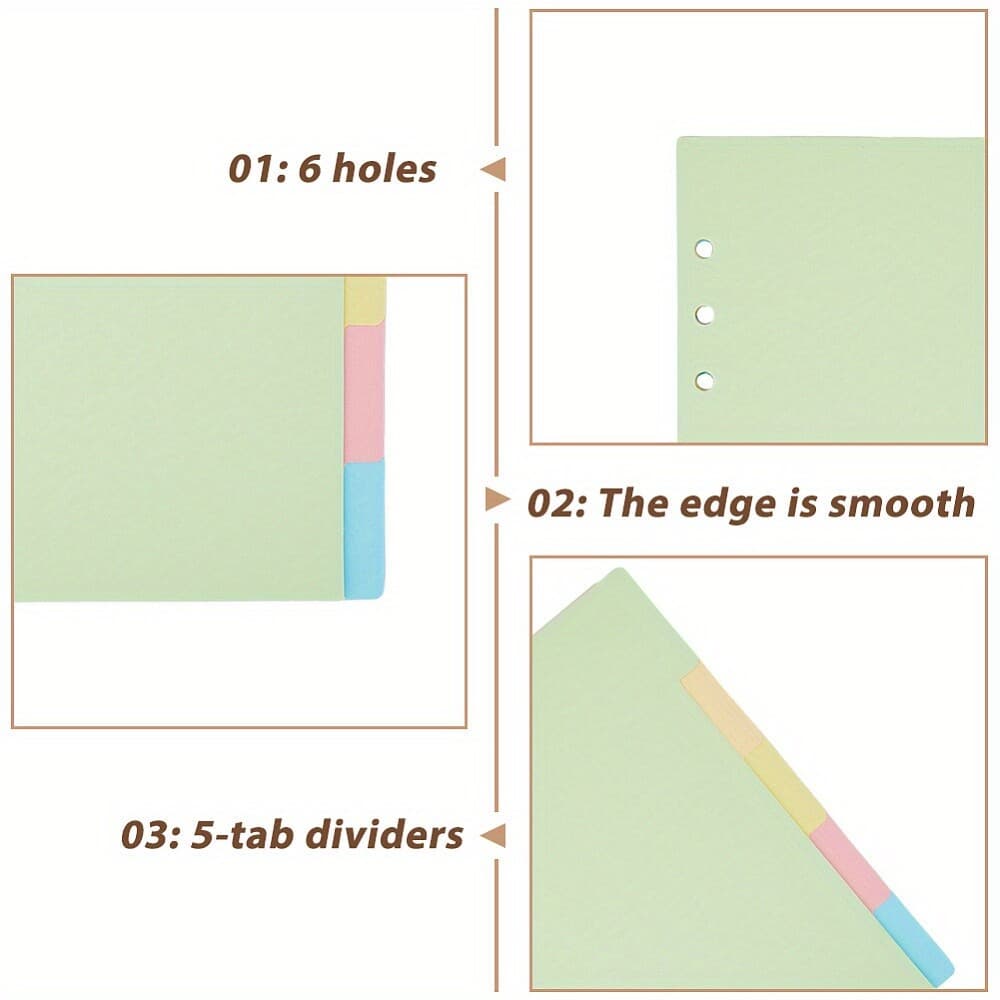 6sets 30 Sheets 5-Tab Binder Dividers A5 6-Hole Binder Dividers 8.3x6.14inch A5 6