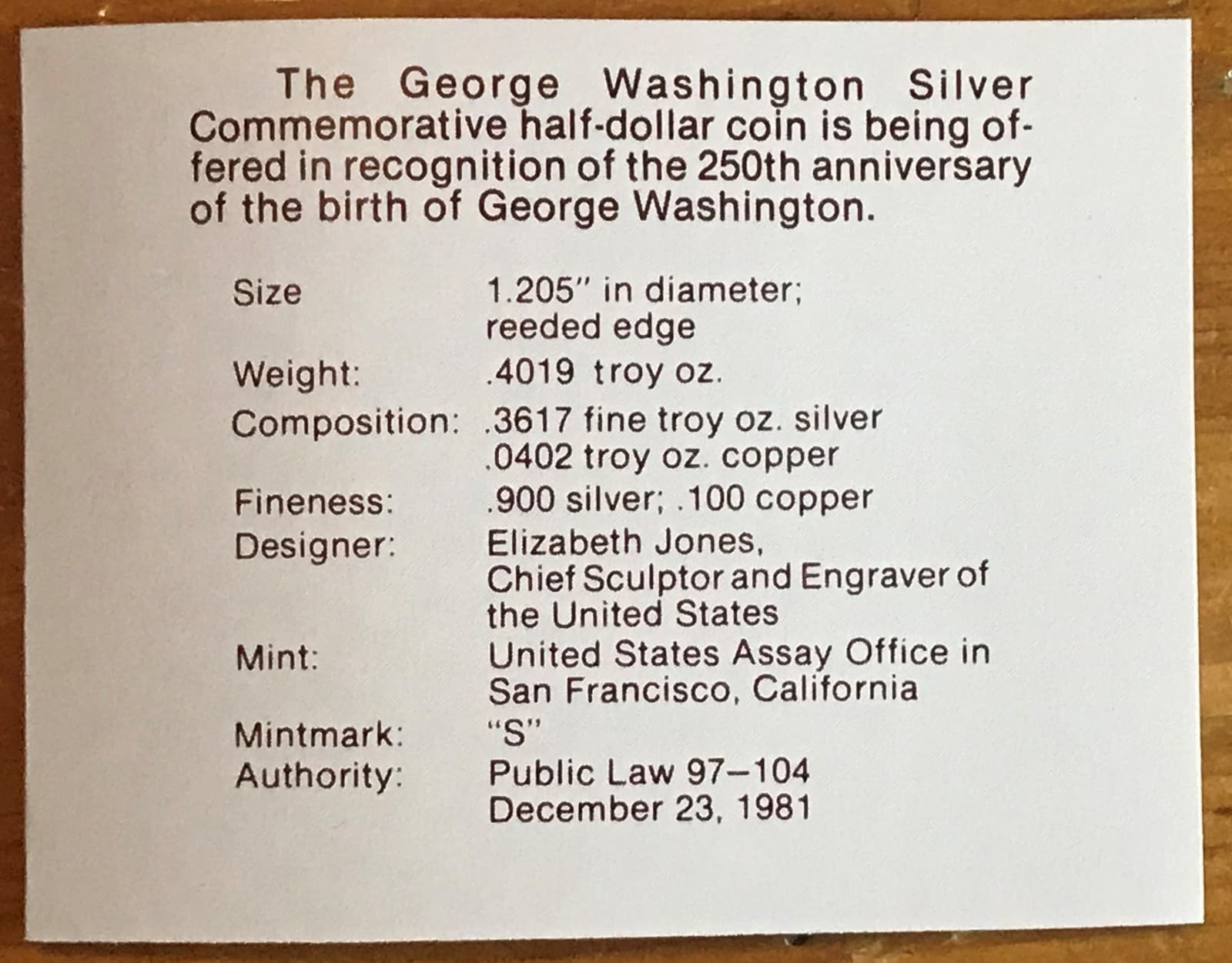 1732 - 1982 S Washington 250th Comm Proof 90% Silver Half Dollar & COA - no box 4