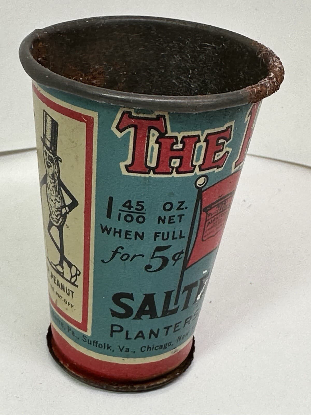 Rare Antique Advertising | PLANTERS PEANUTS 5¢ SAMPLE CUP | Tin Litho Scoop 2
