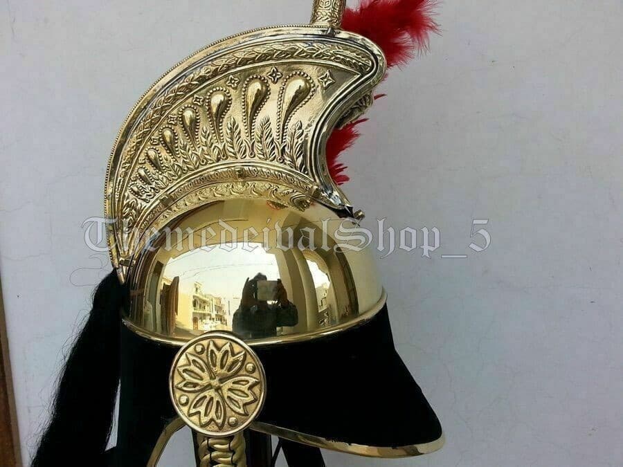 French Cuirassier Officer's Napoleon Brass Helmet With Red Plume & Wooden Stand 4