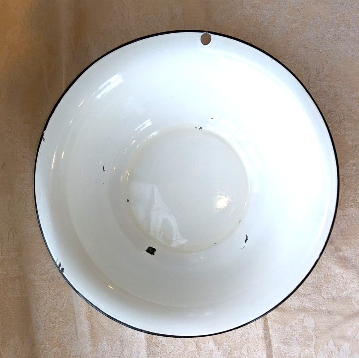 Vintage enamel metal Bowl 12" white black 2