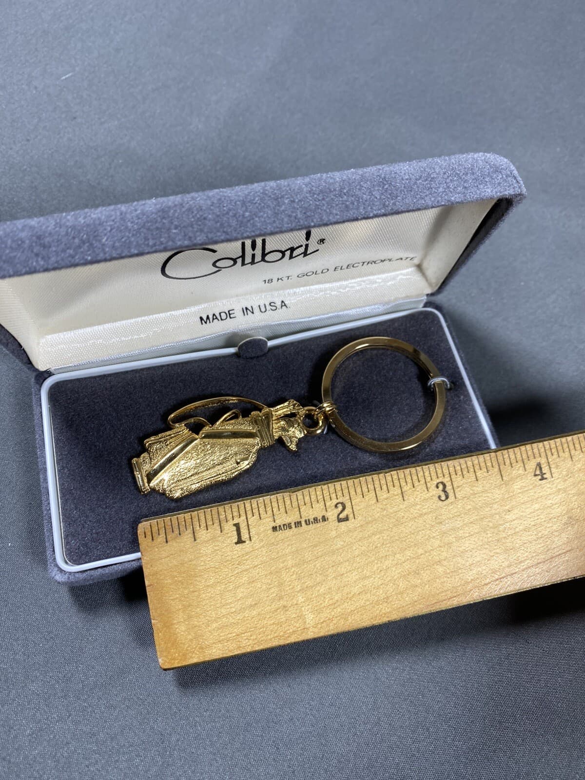 Vintage COLIBRI Golf Bag 18 kt. Gold Electroplate Keychain Key ring Fob NEW 3