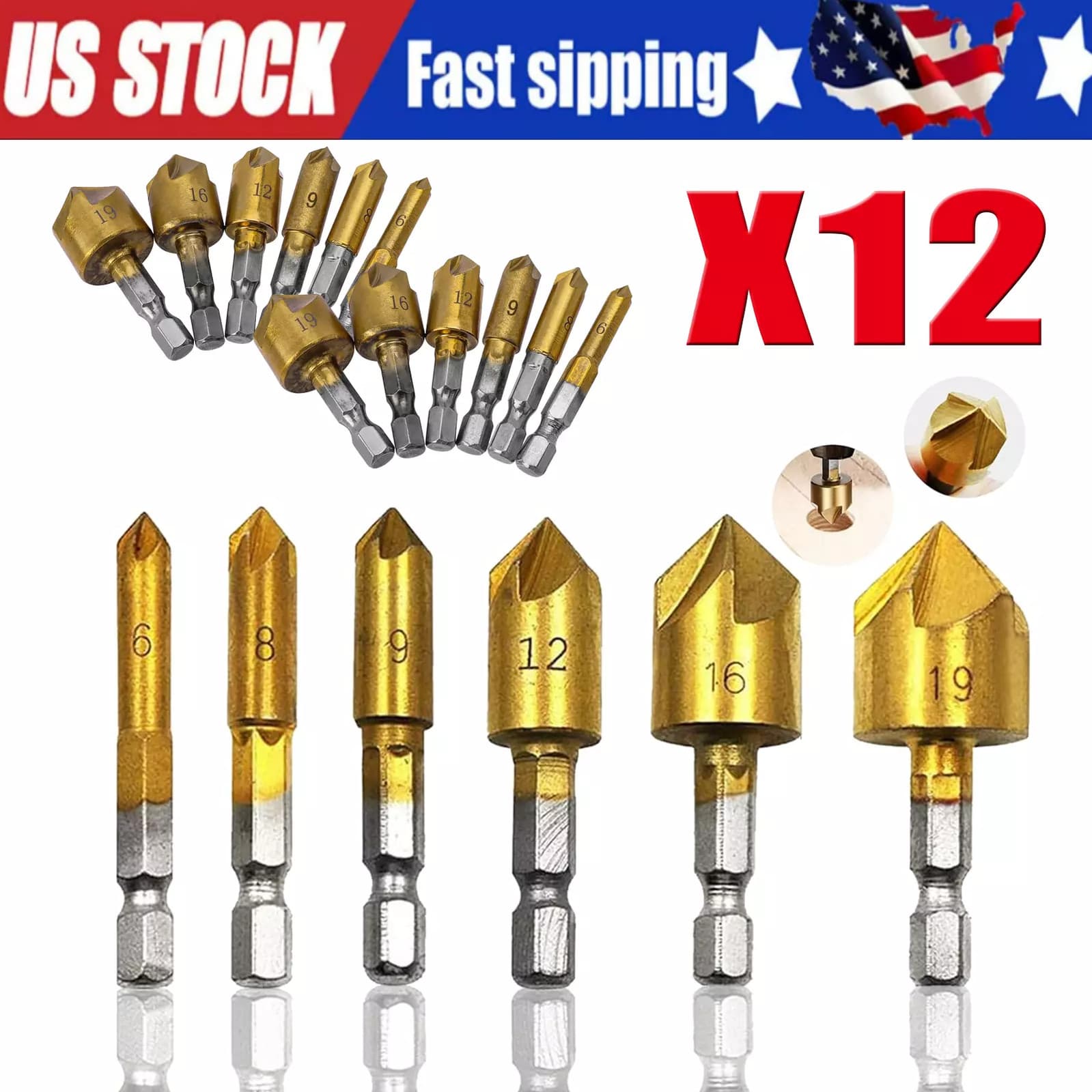 6 x Chamfer Countersink Deburring Drill Bit Set Crosshole Cutting Metal Tool Kit