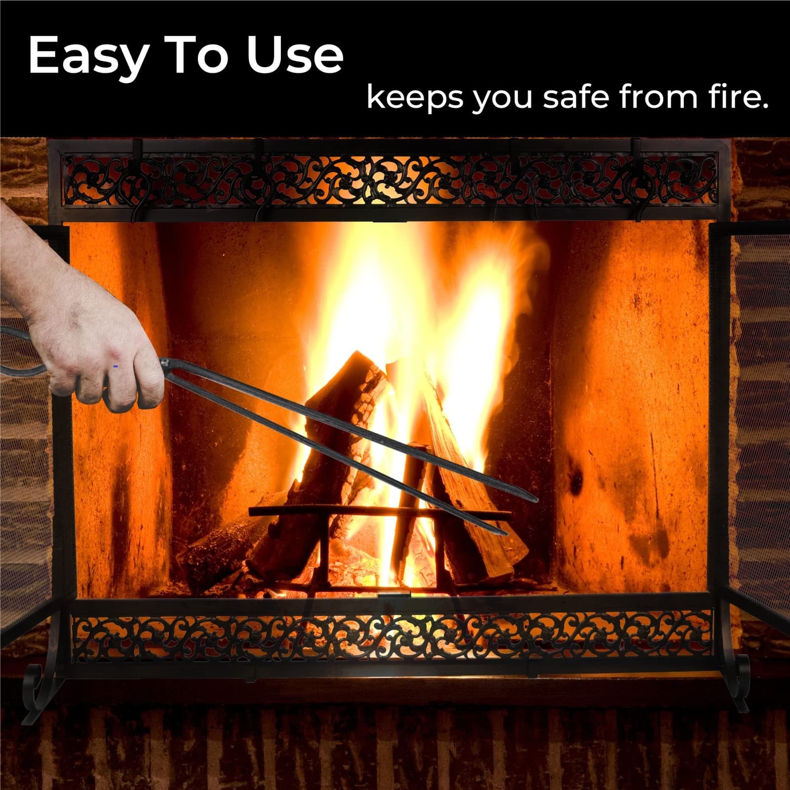 Metal Fireplace Screen Scrollwork Black Design Adjustable Feet Two-Doors 3