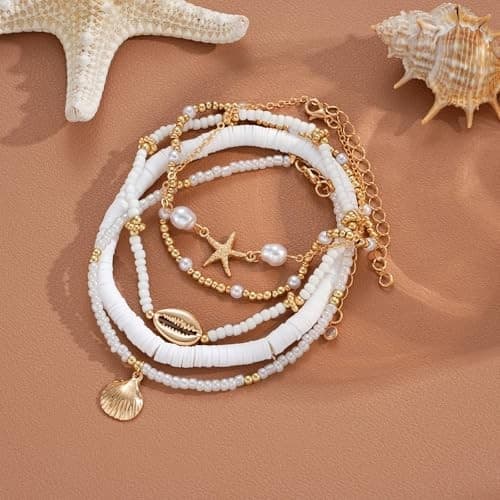 Boho Shell Ankle Bracelet Set for Women, 5 Pairs 14K Boho Bead Classic-5Pcs-1 6