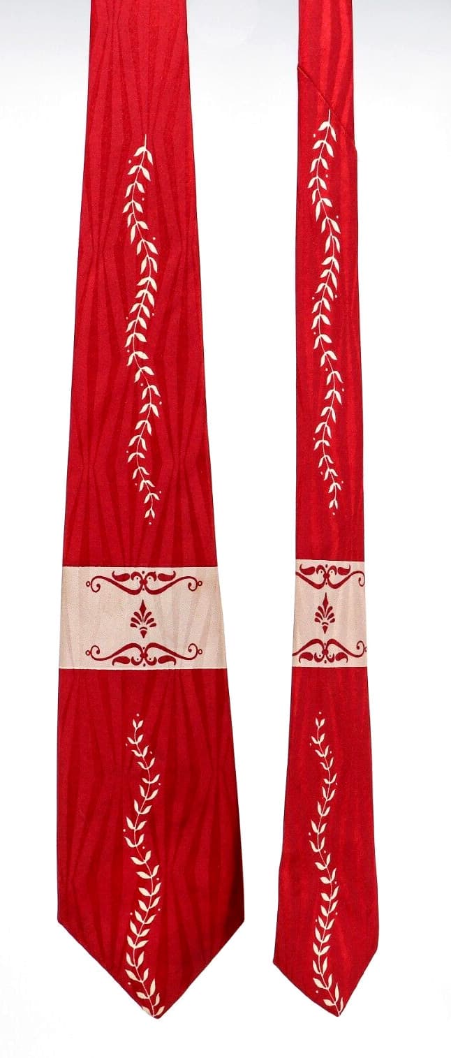 Vintage 40s 50s Men's Necktie Swing Rockabilly Satin Damask Red Cream 51"x 3.5" 4