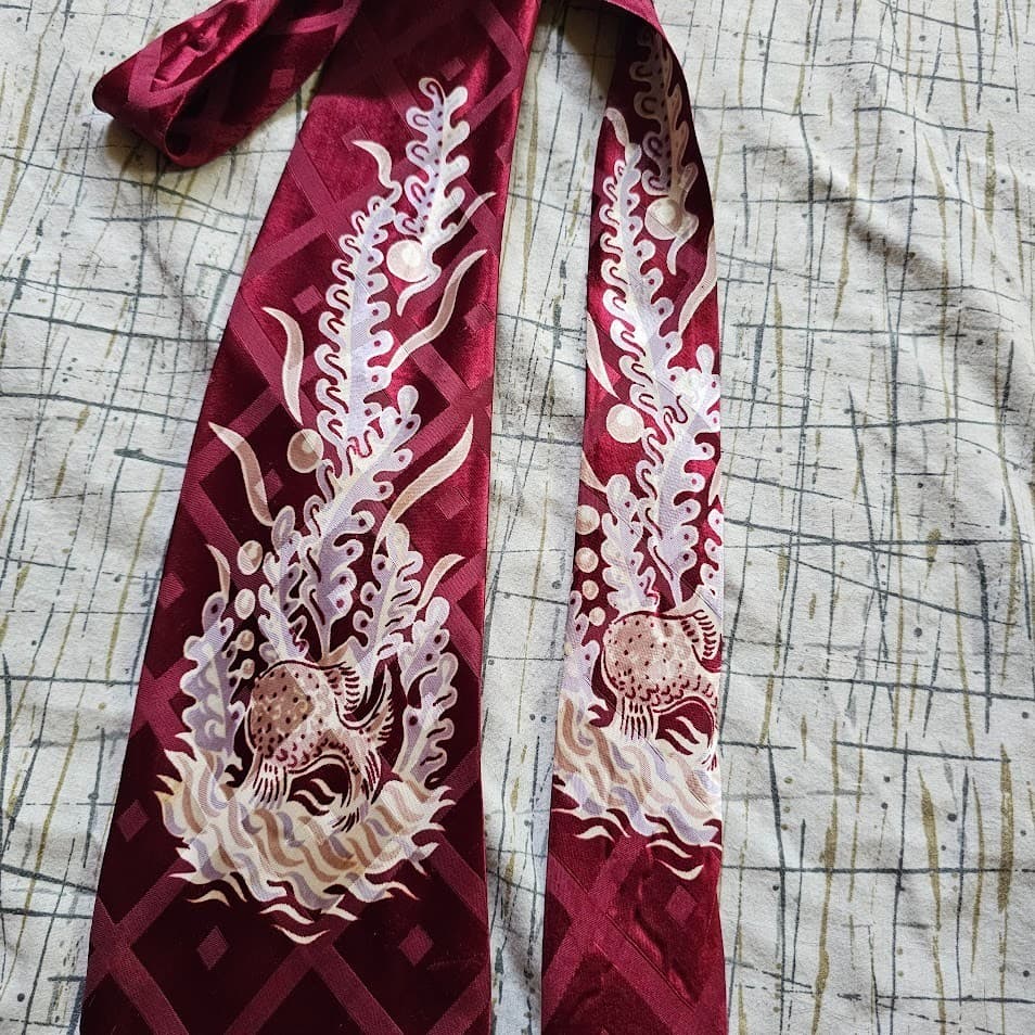 Vtg 40s Mens Novelty Ocean Fish Bubbles Coral Necktie Wide Jacquard Tie 49X4.25