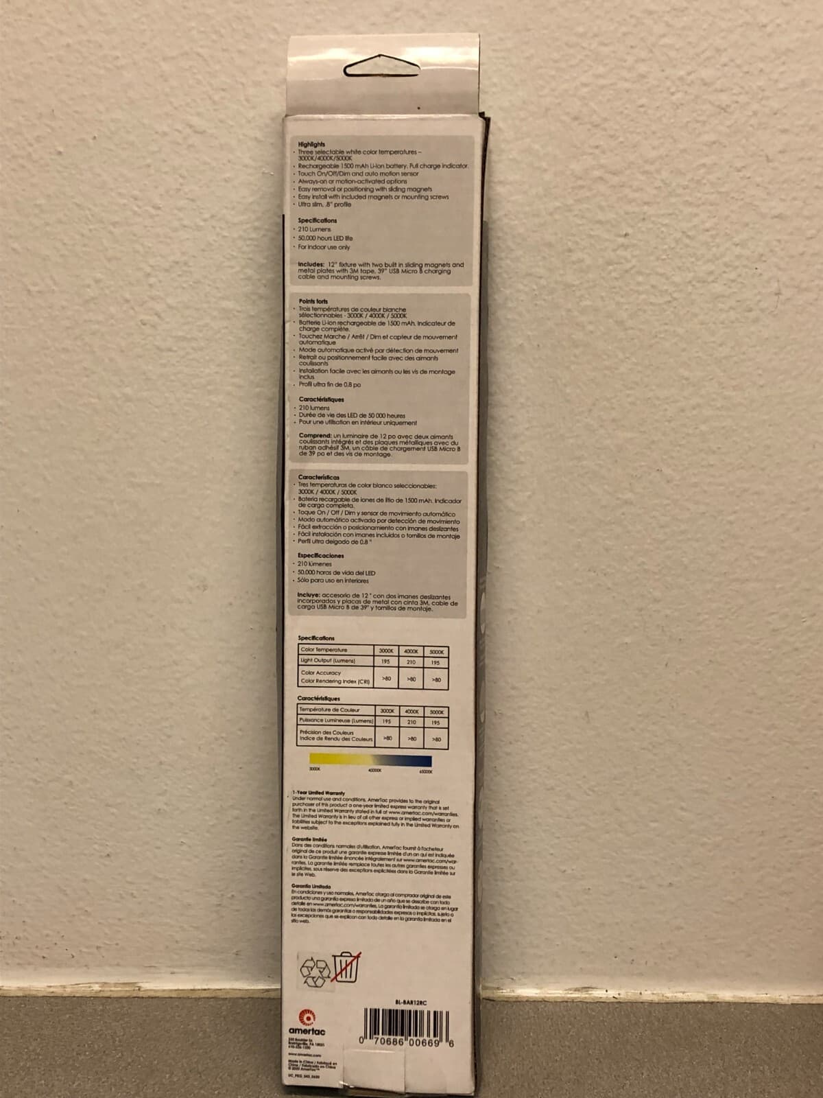 Amertac 12 in. L White Battery Powered LED Undercabinet Light 210 lm 2