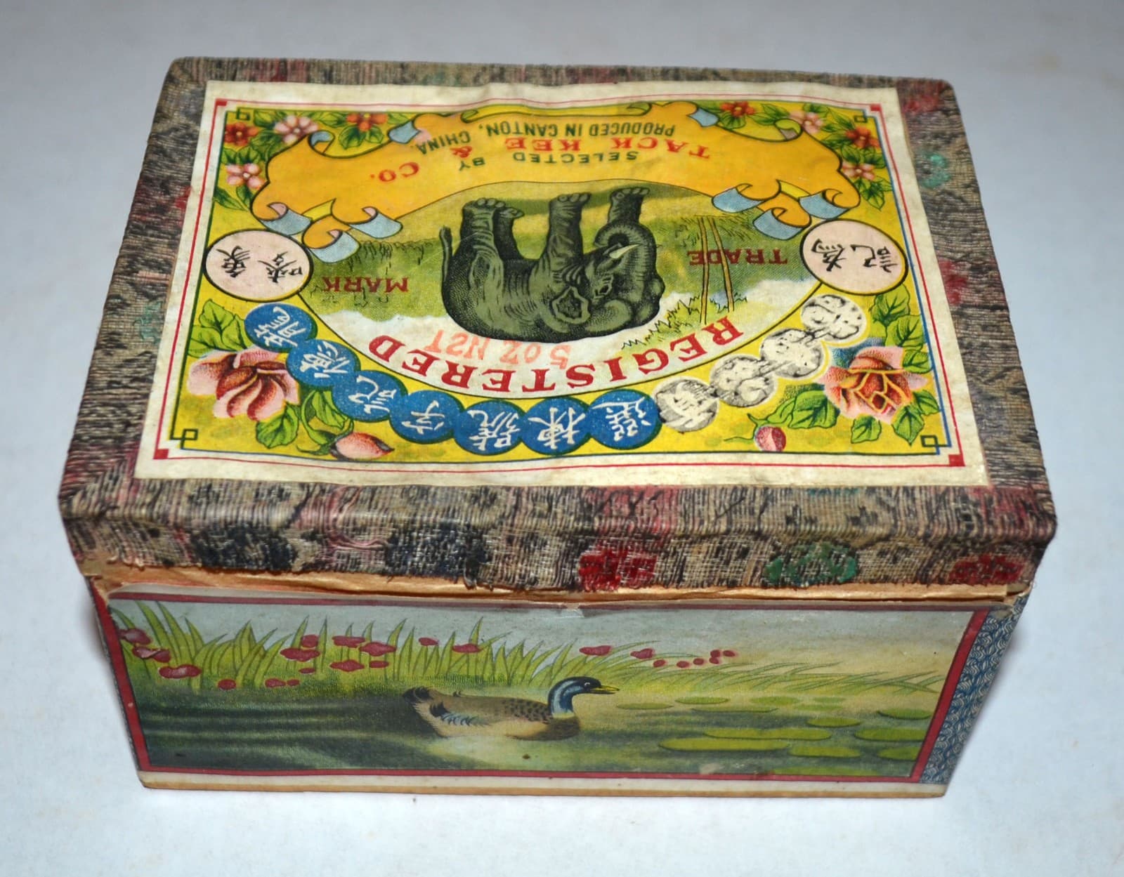 1940s Tack Kee Elephant Chinese Tea Box Hong Kong Canton China Fabric Lid Empty 5