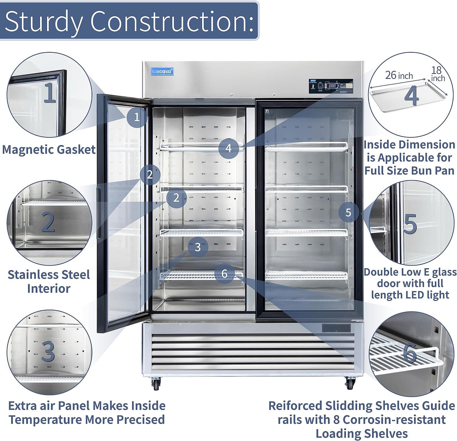 54" Commercial Glass Door Refrigerator, 2 Door Reach-In Merchandiser 49 Cu.ft 3