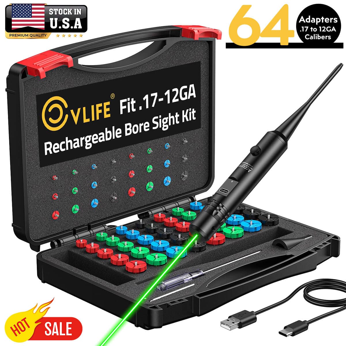 UPGRADED Green Laser Bore Sight BoreSighter Kit, .17 to 12GA Caliber, 64 Adapter