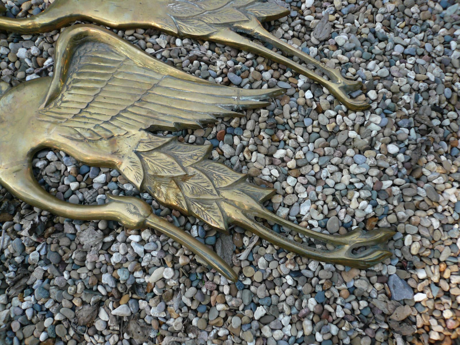 MONUMENTAL PAIR PATINATED VINTAGE BRASS HANGING HERONS FLYING GARDEN WALL 32"L 6