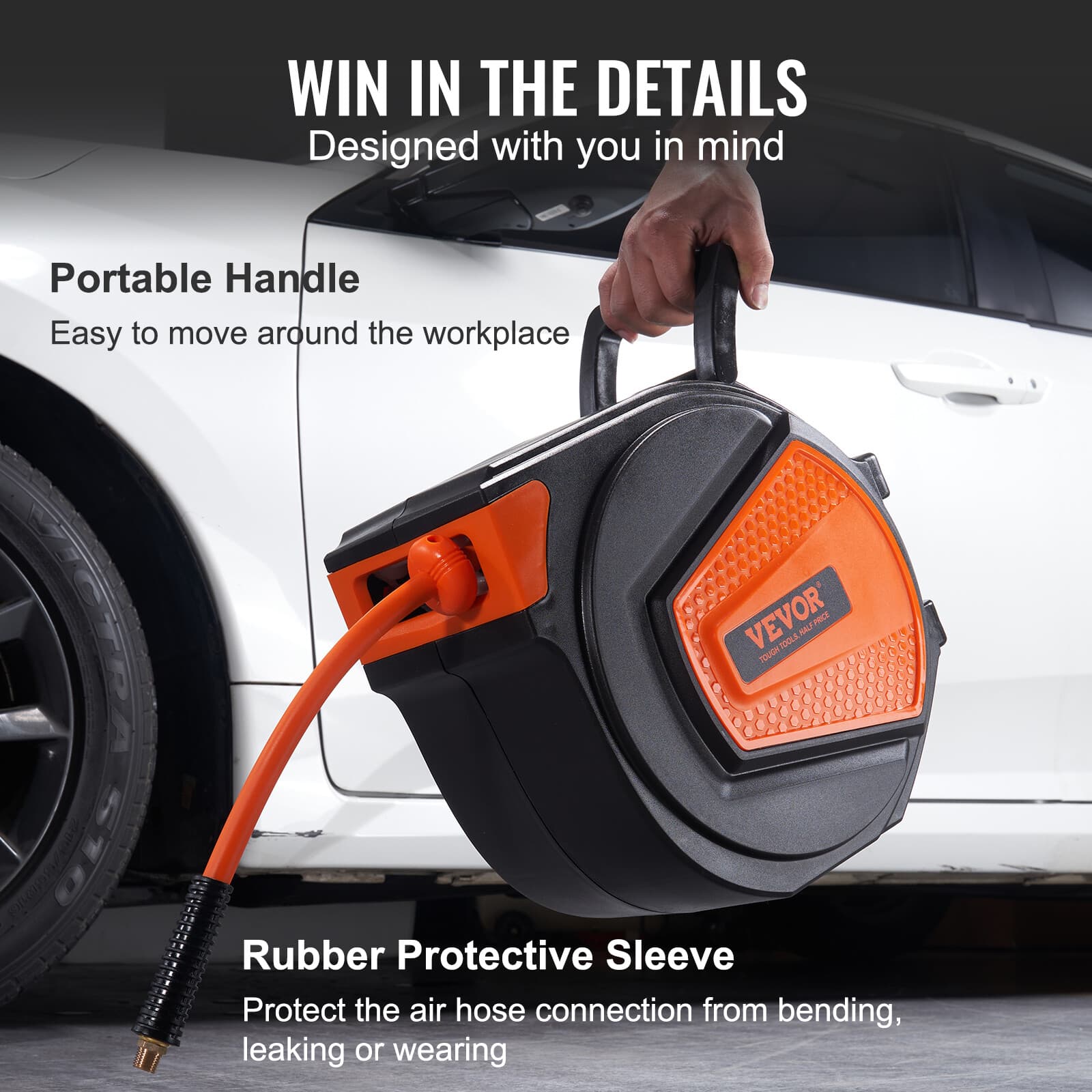 VEVOR Retractable Air Hose Reel 3/8 IN x 50 FT Hybrid Enclosed Air Hose 300 PSI 6