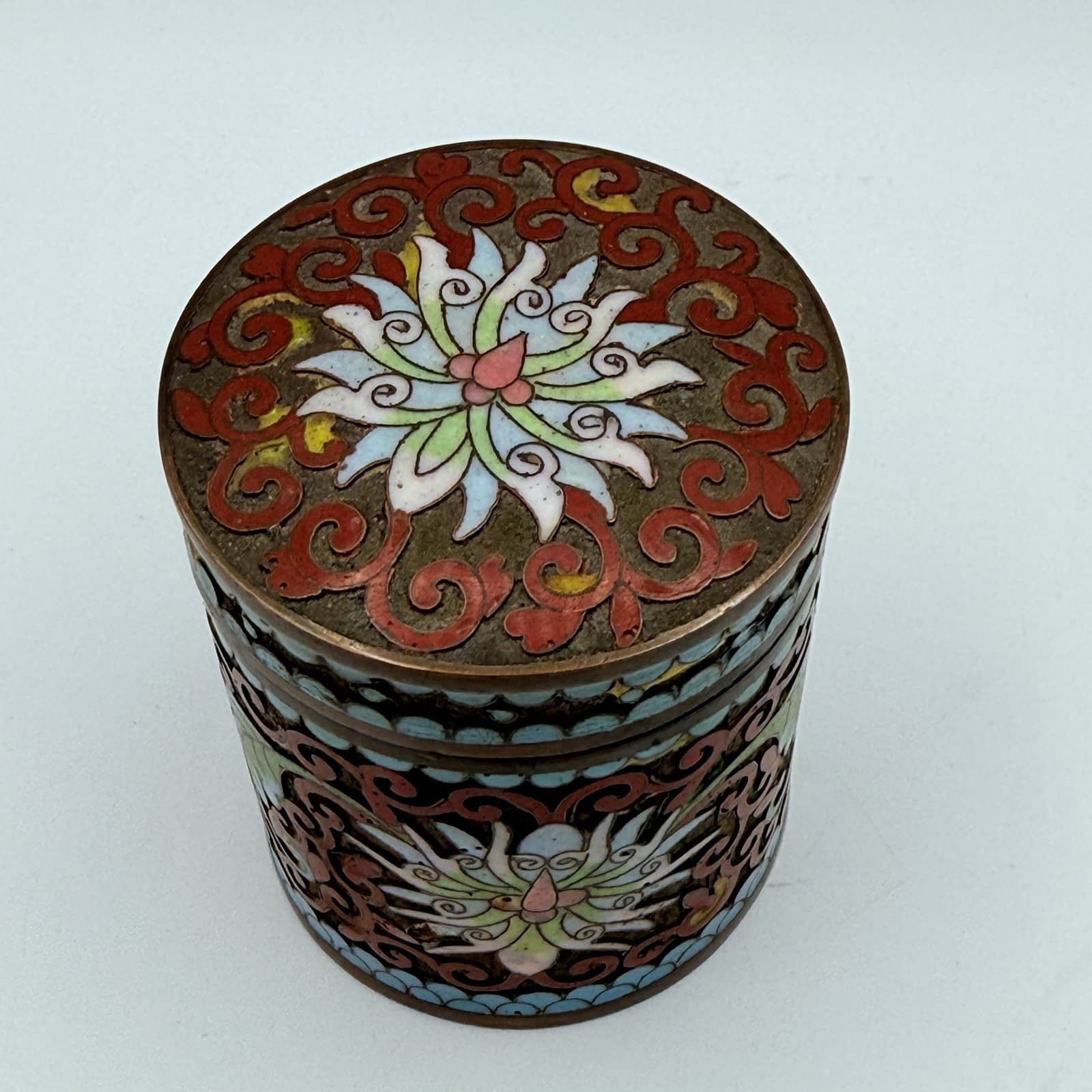 Vintage Cloisonné Lidded Jar Canister Cylinder Enamel Flowers Brass China 3.5” 2