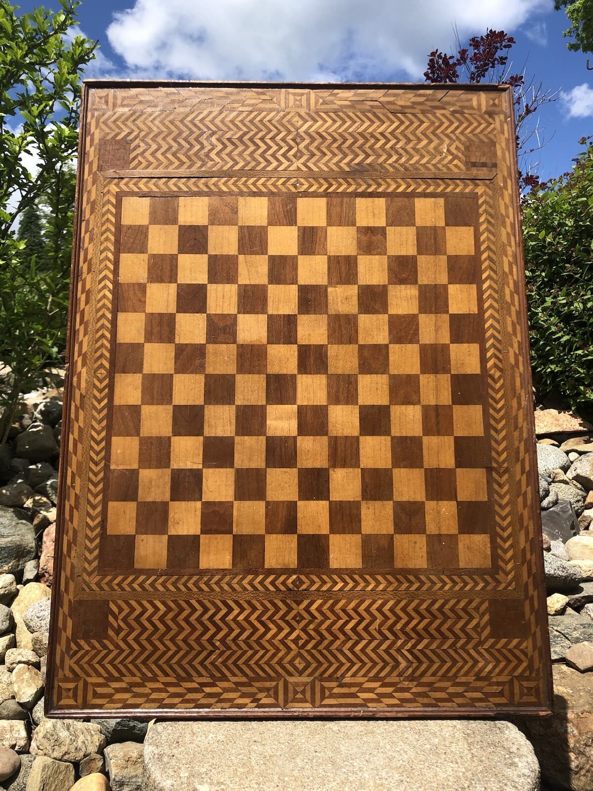NICE! Antique Large Handmade Marquetry ALL Inlaid Wood Checker Chess Game Board