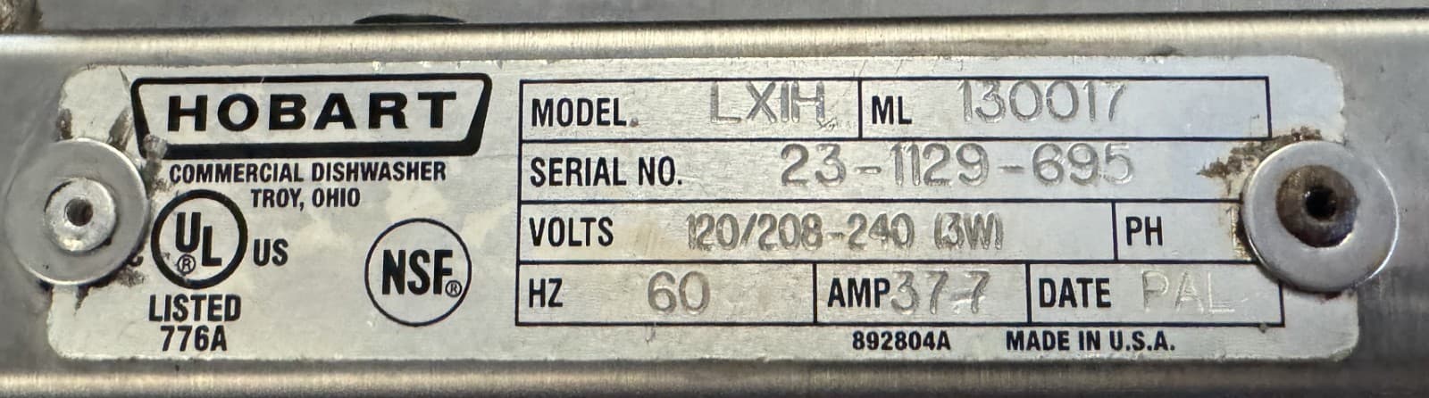 Hobart LXi Series Dishwasher Undercounter Stainless ...PARTS ONLY 6