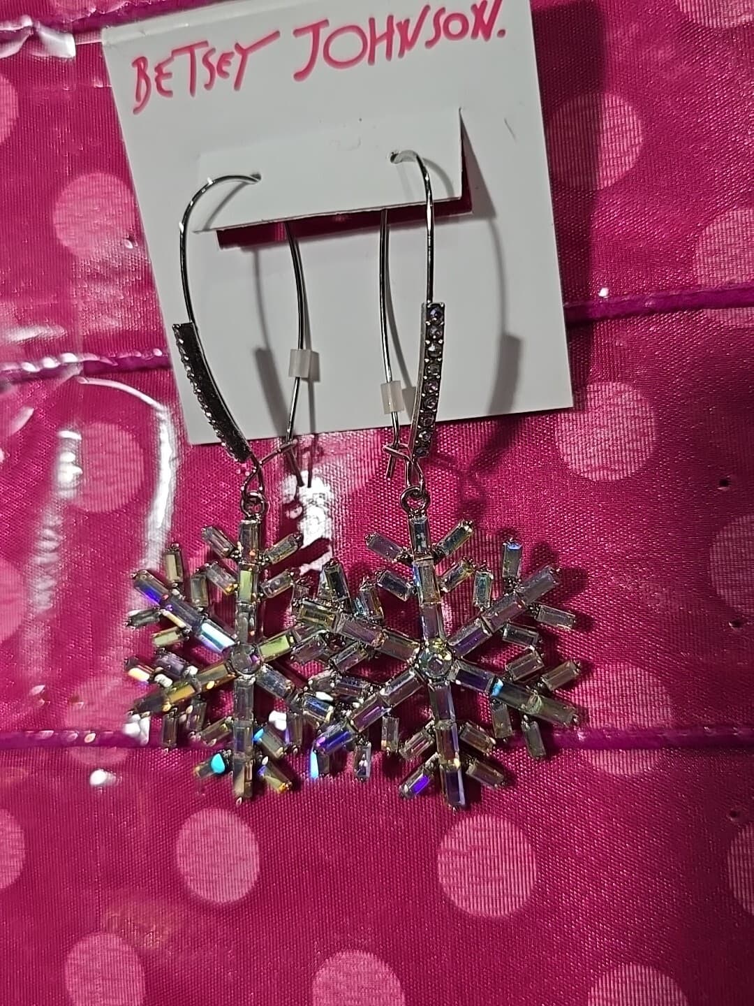 Betsey Johnson SilverTone Snowflake Drop Earrings Iridescent Crystal Accents NWT 2