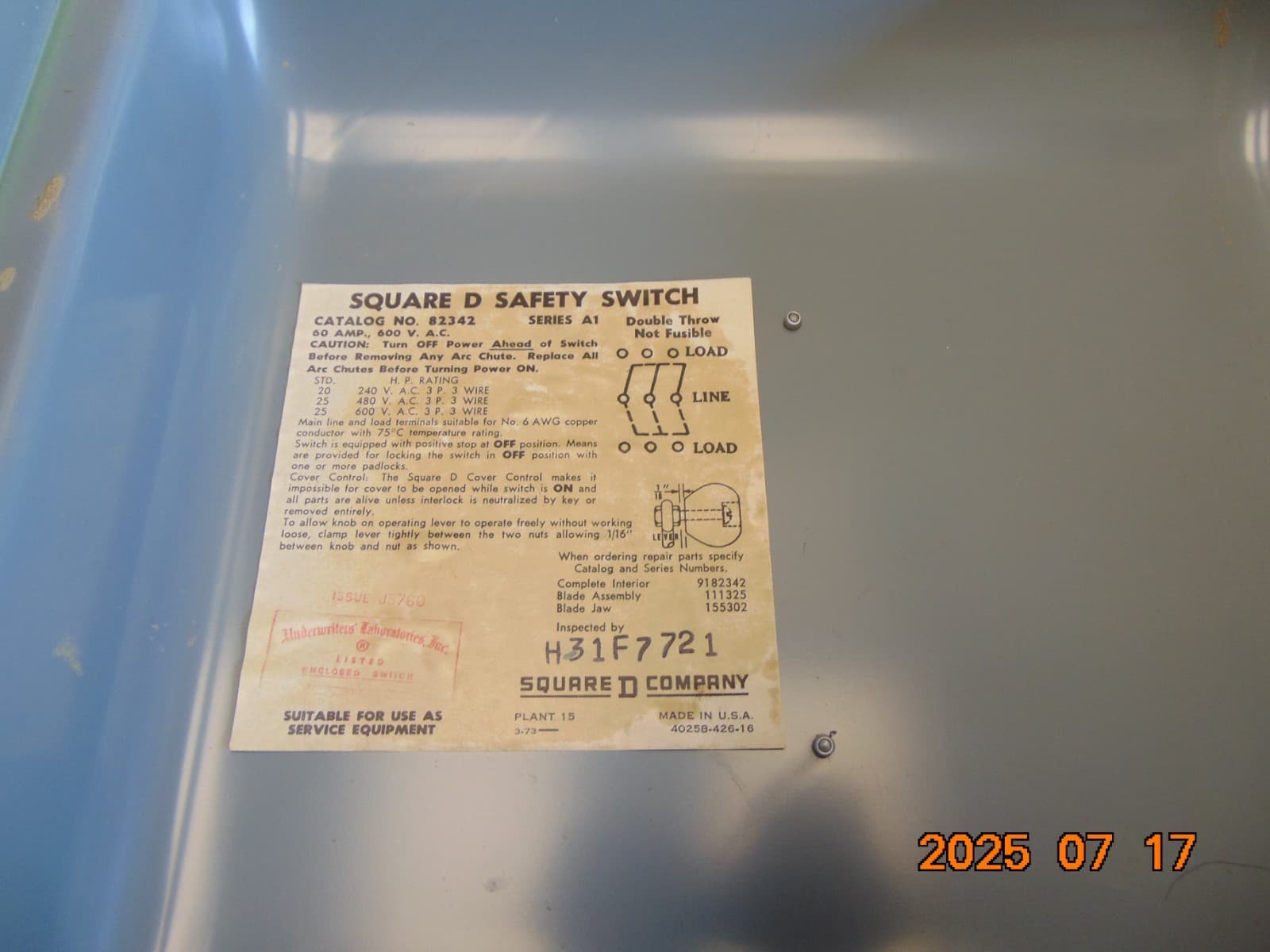 SQUARE D 82342 SER A1 60A NON-FUSIBLE DOUBLE THROW SAFETY SWITCH 600VAC 3