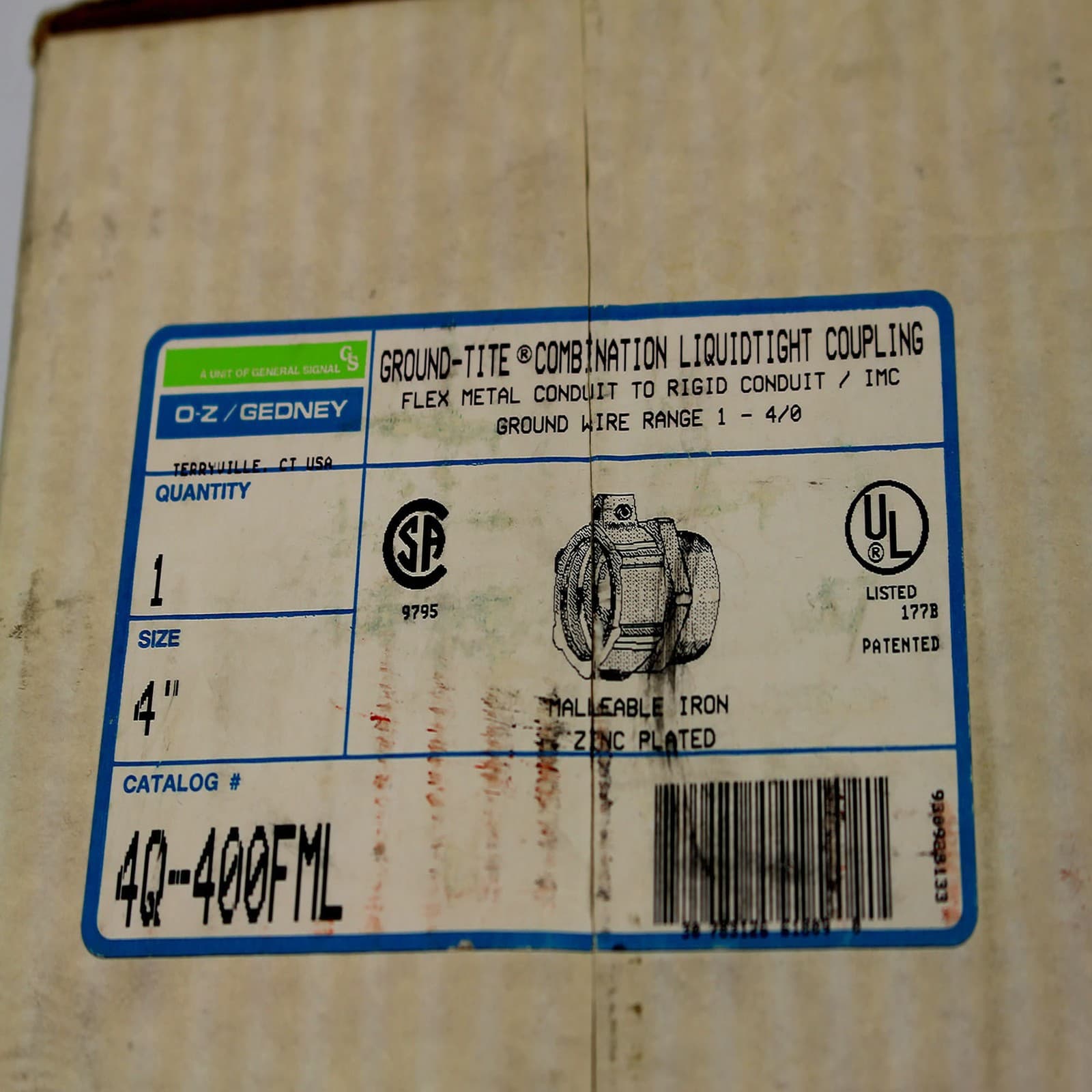 OZ GEDNEY 4Q-400FML LIQUID TITE COUPLING, FLEX METAL CONDUIT, IMC,GROUND, 4" 4