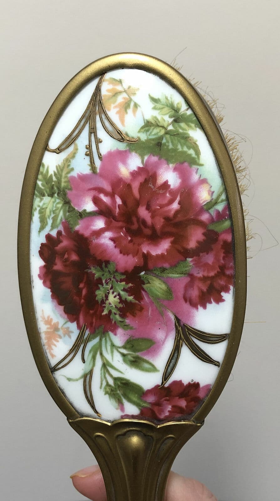 Art Noveau Antique Brush Hand Mirror Comb Set 1905 Porcelain Roses Gold Tone 3